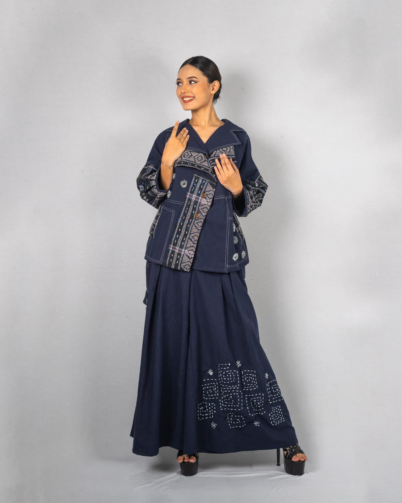 Hande-Hande Batak Toba Blazer Blouse with Sashiko Embroidery & Culotte Skirt