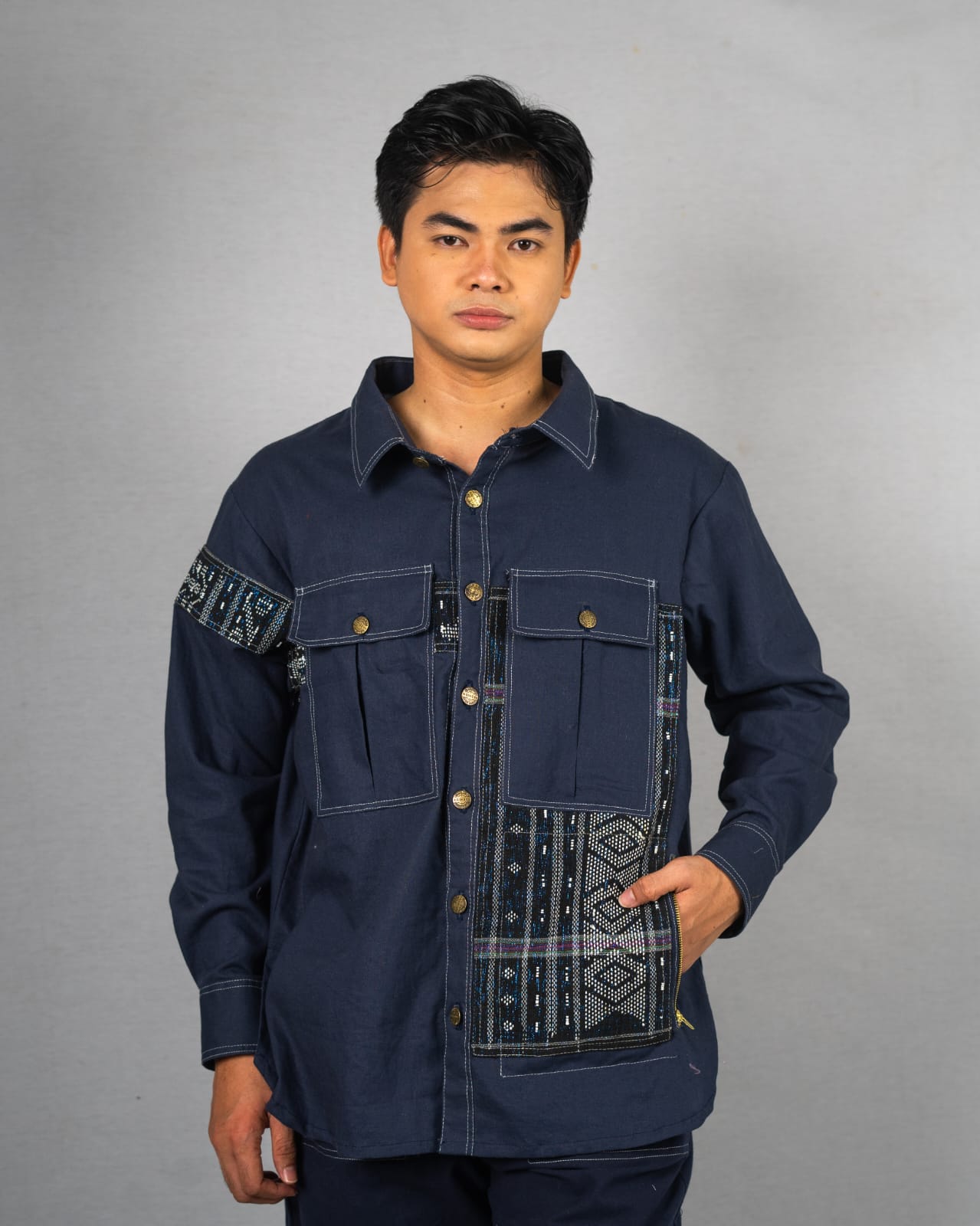 Linen Shirt with Batak Toba Ulos & Stripe Stitch Accents