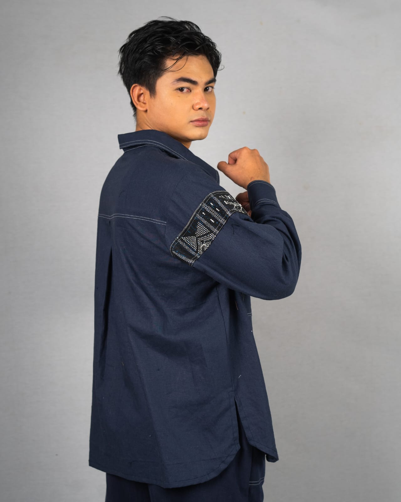 Linen Shirt with Batak Toba Ulos & Stripe Stitch Accents